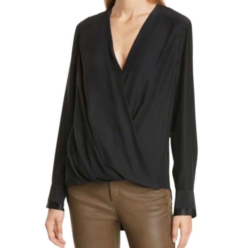 Rag & Bone Womens S Lora Black Silk Surplice Long Sleeve Flowy Blouse